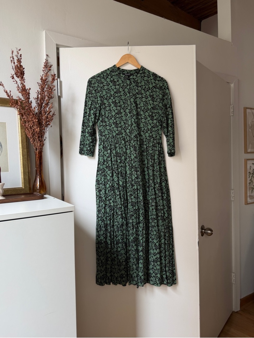 Madewell Black and Green Floral Midi Dress